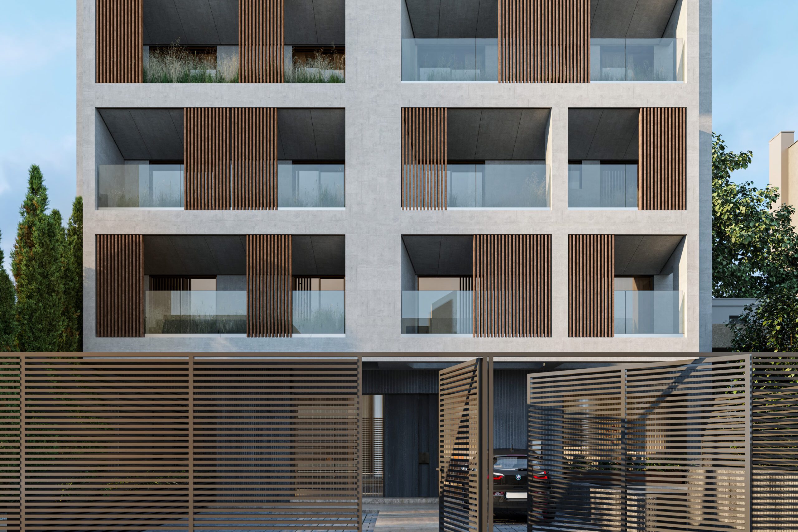 AlumLA Louver 50150 Walnut exterior Apartments